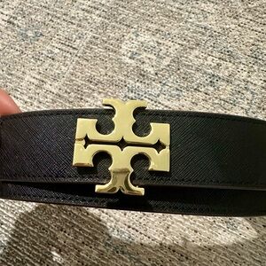 Tory Burch Reversible Black and Brown Belt with Gold Logo Buckle